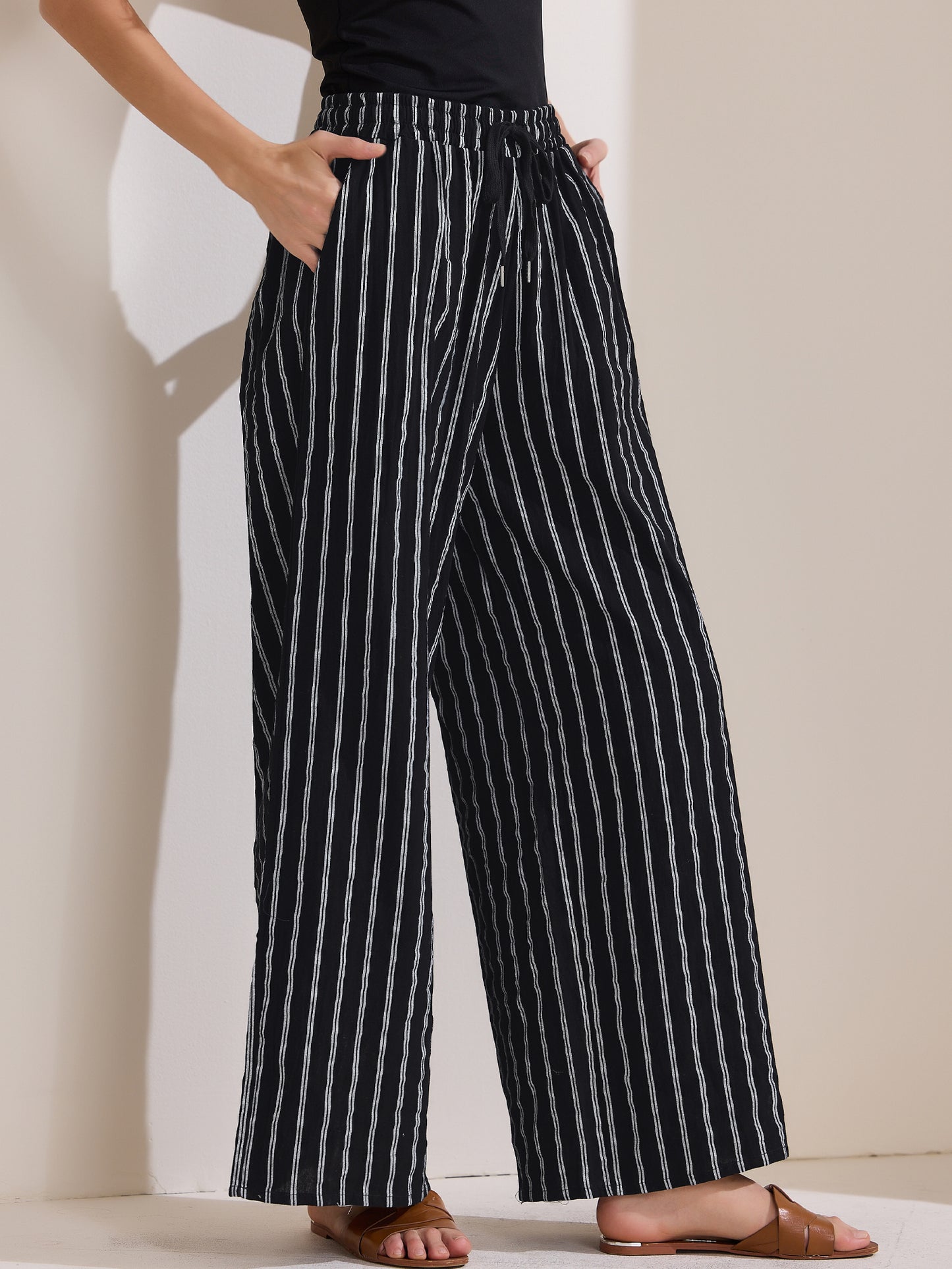 Women's Casual Drawstring Stripe Pants Wide Leg High Waist Cotton Loose Pants
