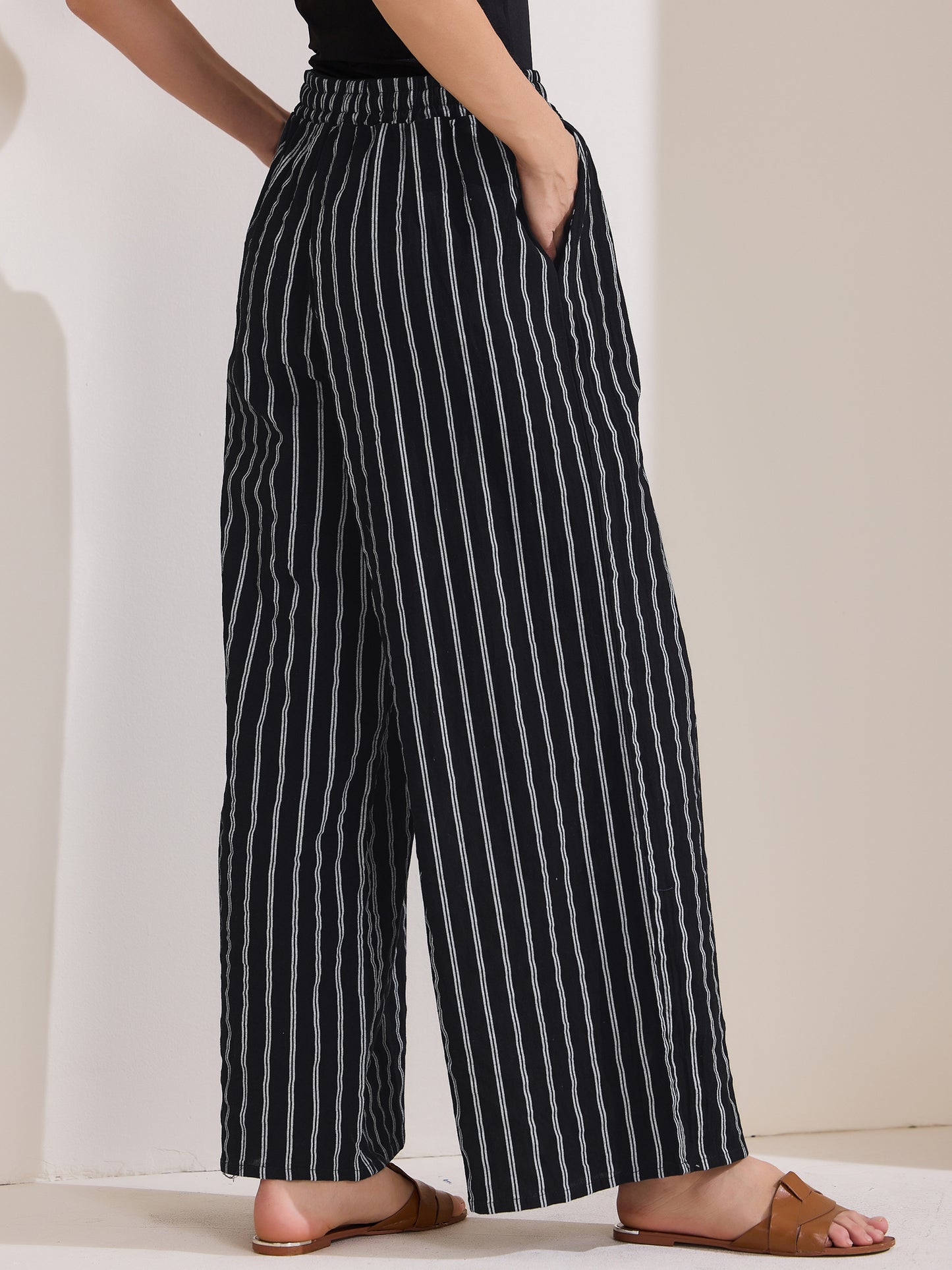 Women's Casual Drawstring Stripe Pants Wide Leg High Waist Cotton Loose Pants