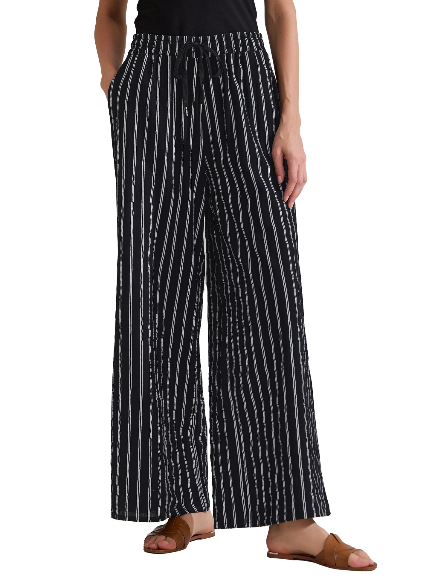 Women's Casual Drawstring Stripe Pants Wide Leg High Waist Cotton Loose Pants