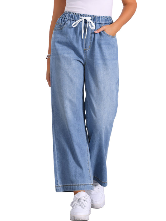 Women's Casual Denim Pants Baggy Drawstring Elastic Waist Wide Legs Jeans