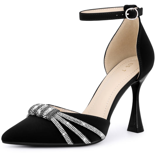 Zapatos de tacón alto de aguja con tiras en el tobillo y punta puntiaguda para mujer con diamantes de imitación