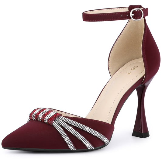 Zapatos de tacón alto de aguja con tiras en el tobillo y punta puntiaguda para mujer con diamantes de imitación