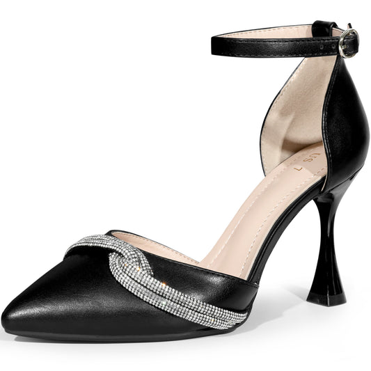 Women Pointed Toe Wedding Shoes Rhinestone Bow Ankle Strap Stiletto Heels Pumps