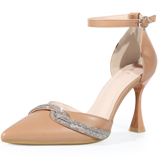 Zapatos de boda para mujer con punta puntiaguda, lazo de diamantes de imitación, tiras en el tobillo, tacones de aguja