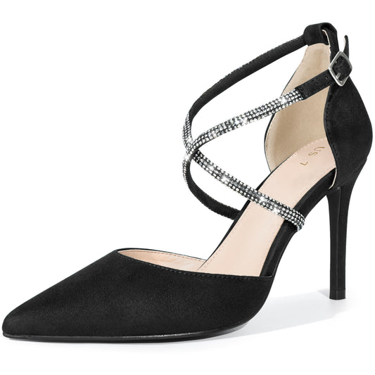 Women Pointed Toe Crisscross Rhinestone Ankle Strap Stiletto Heel Pumps