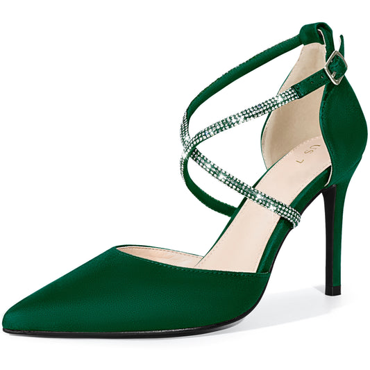 Women Pointed Toe Crisscross Rhinestone Ankle Strap Stiletto Heel Pumps