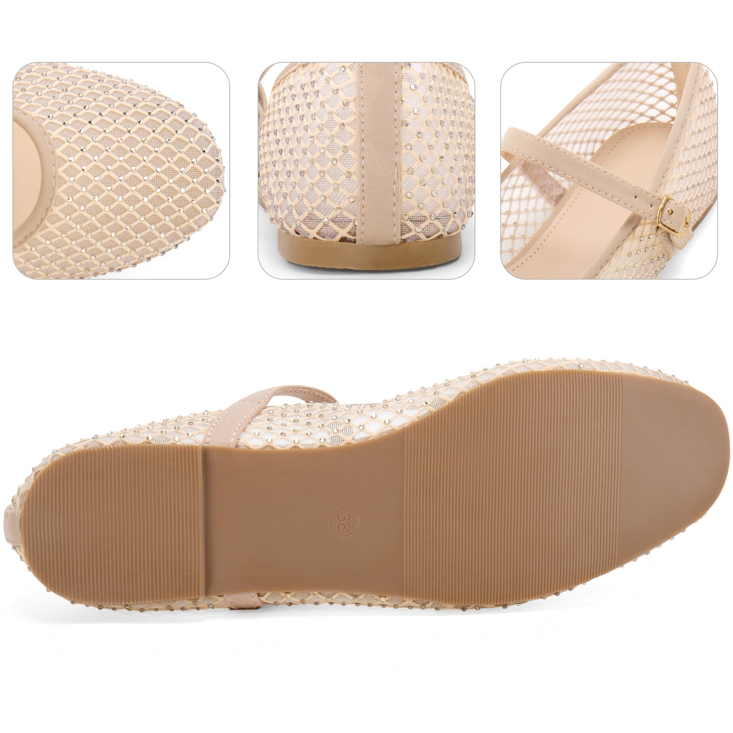 Women Rhinestone Mesh Ballet Flats Buckle Strap Slip 0n Ballerina Shoes Mary Jane Flat