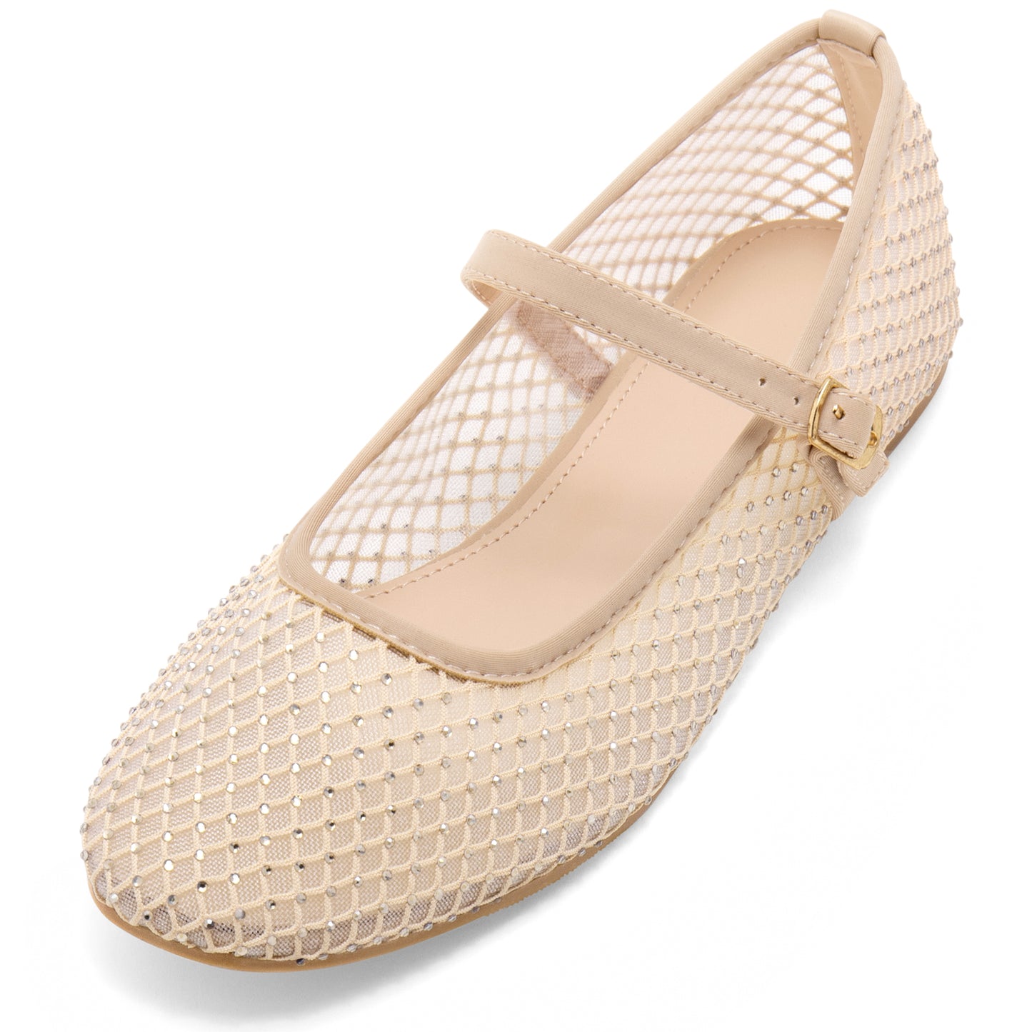 Women Rhinestone Mesh Ballet Flats Buckle Strap Slip 0n Ballerina Shoes Mary Jane Flat