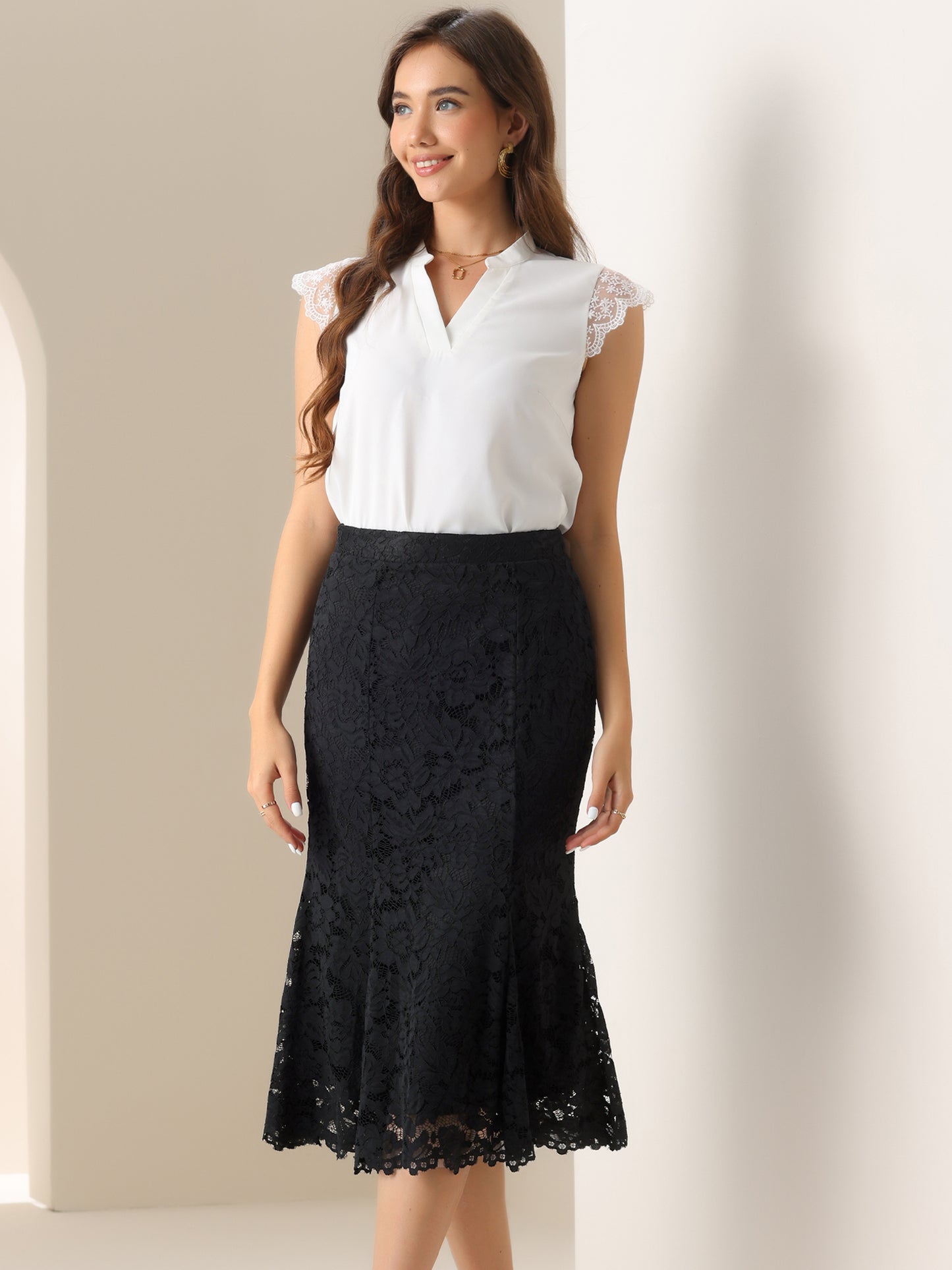 Women's Office Work Bodycon Fishtail Lace Pencil Midi Skirts