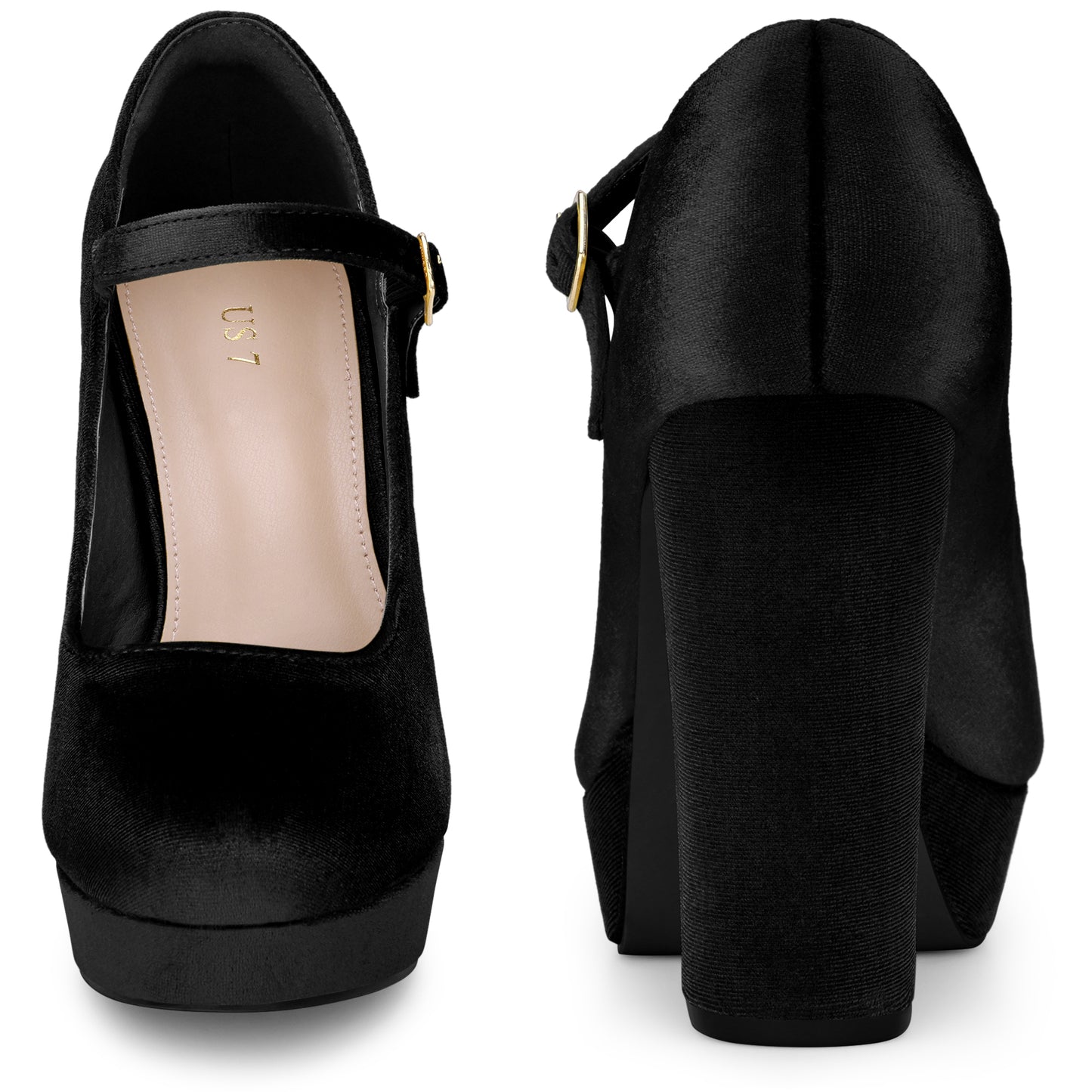 Women Platform Chunky Heels Mary Janes Buckle Strap Velvet Pumps