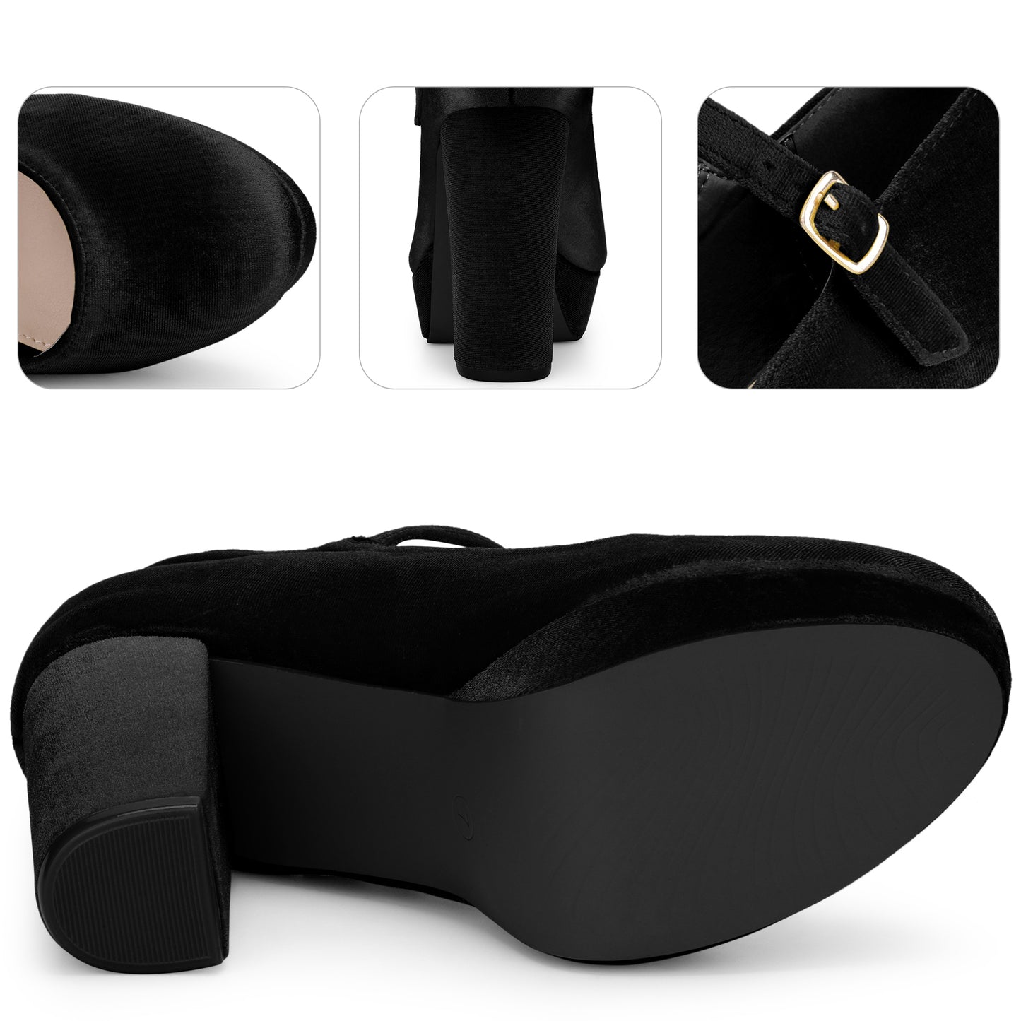 Women Platform Chunky Heels Mary Janes Buckle Strap Velvet Pumps