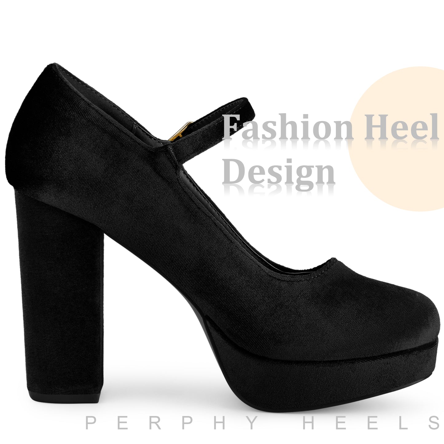 Women Platform Chunky Heels Mary Janes Buckle Strap Velvet Pumps