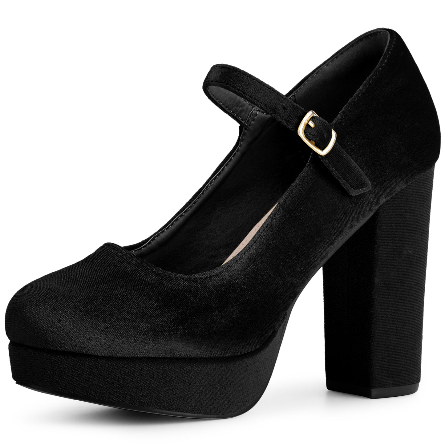 Women Platform Chunky Heels Mary Janes Buckle Strap Velvet Pumps