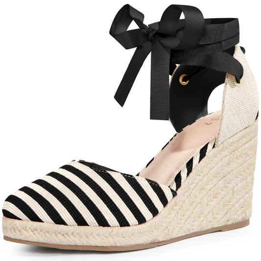 Women Stripe Lace Up Espadrilles Platform Wedge Sandals