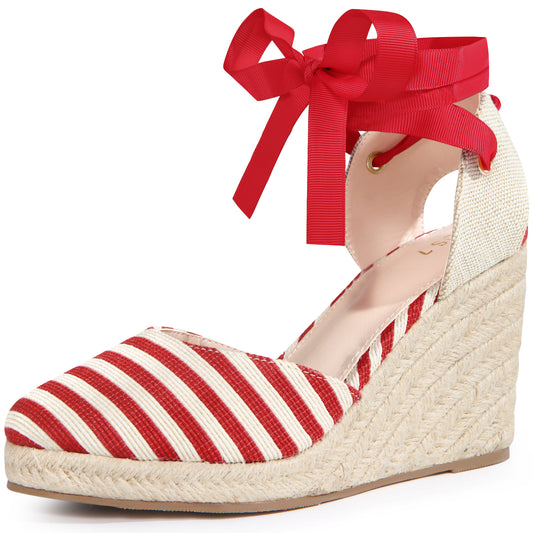Women Stripe Lace Up Espadrilles Platform Wedge Sandals