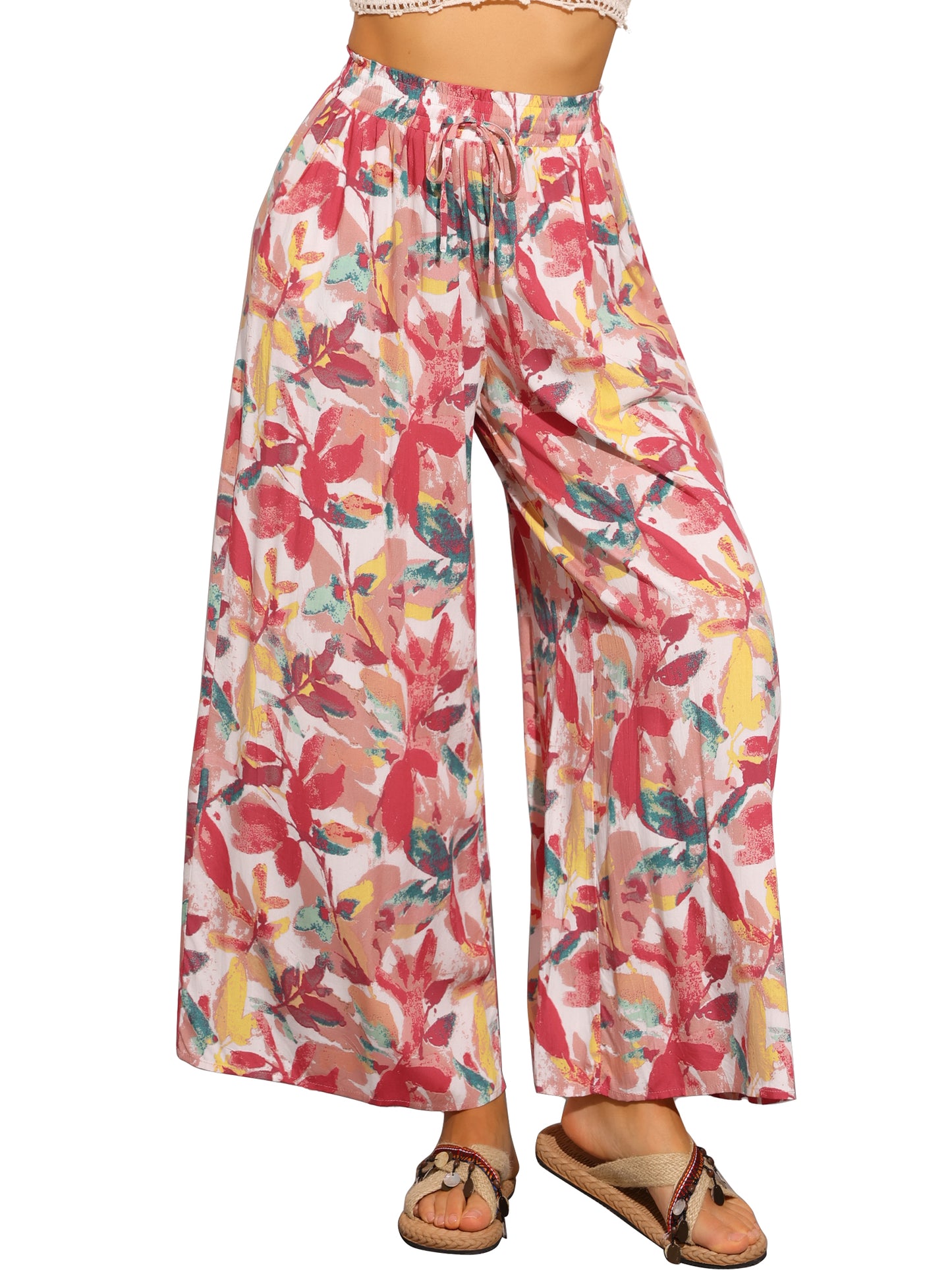 Women's Tropical Pants Boho Elastic Waisted Flare Palazzo Wide Leg Pants