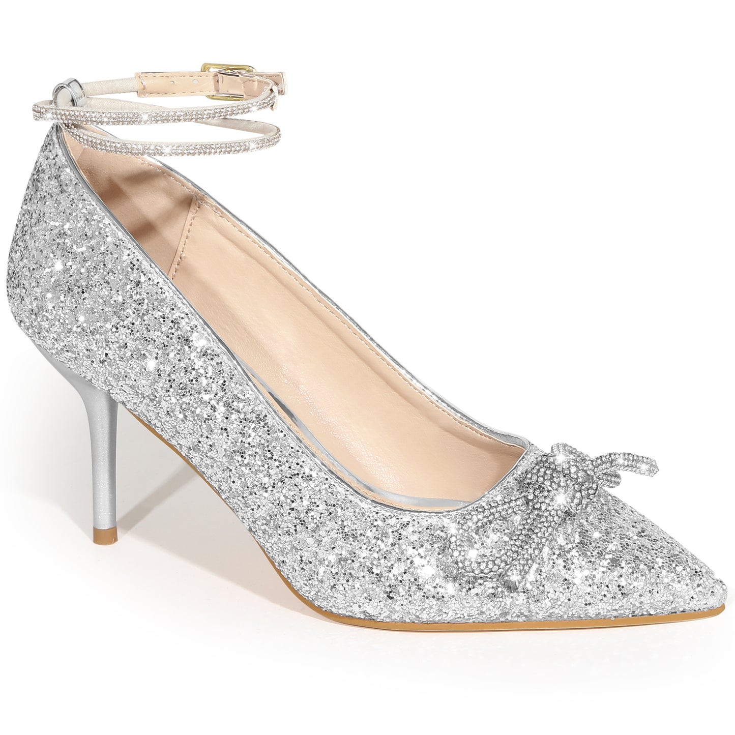 Zapatos de tacón de aguja con punta puntiaguda y lazo de diamantes de imitación para mujer