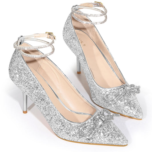 Zapatos de tacón de aguja con punta puntiaguda y lazo de diamantes de imitación para mujer