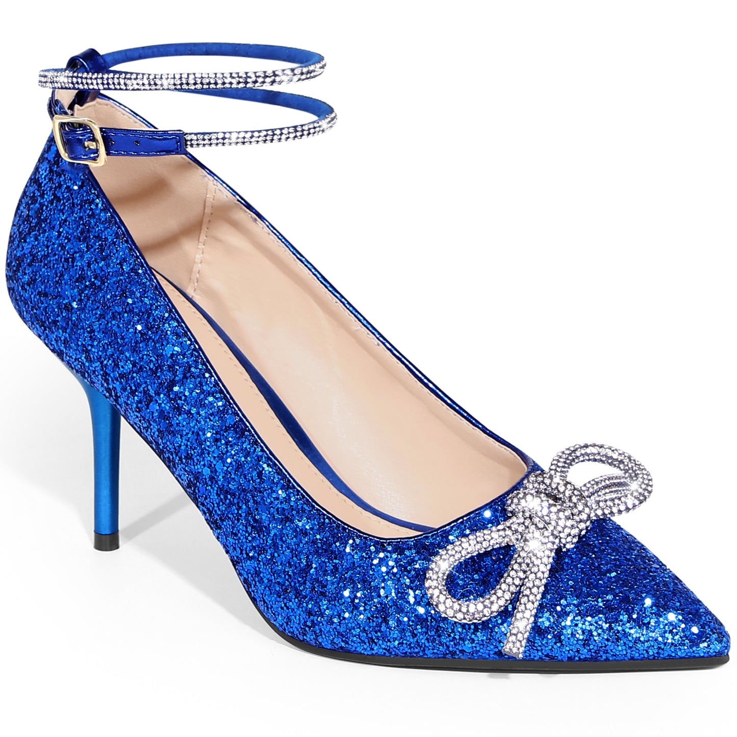 Zapatos de tacón de aguja con punta puntiaguda y lazo de diamantes de imitación para mujer