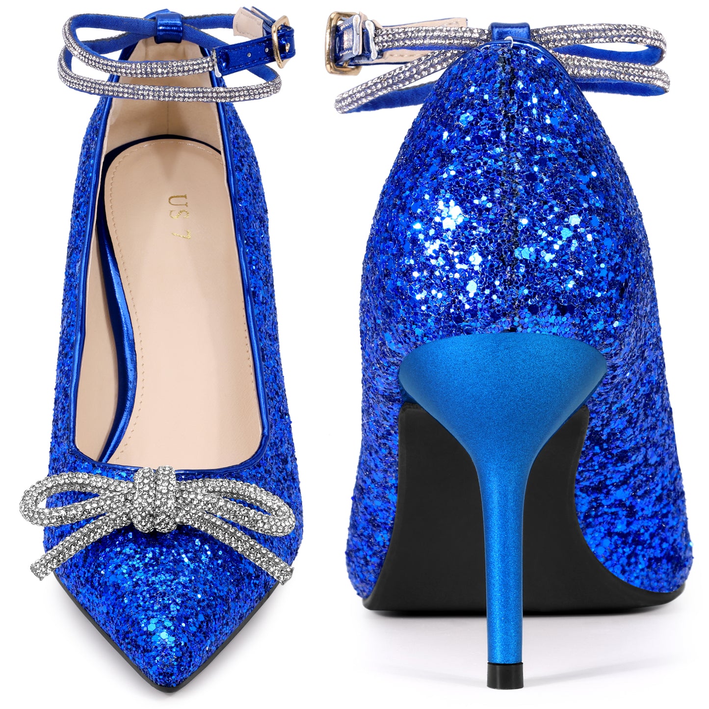 Women Rhinestone Bow Glitter Pointed Toe Stiletto Heel Pumps