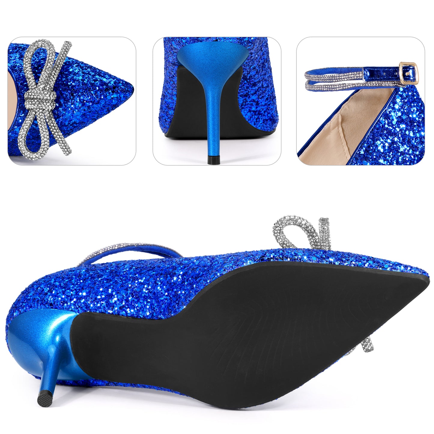 Zapatos de tacón de aguja con punta puntiaguda y lazo de diamantes de imitación para mujer