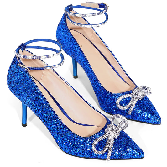 Zapatos de tacón de aguja con punta puntiaguda y lazo de diamantes de imitación para mujer