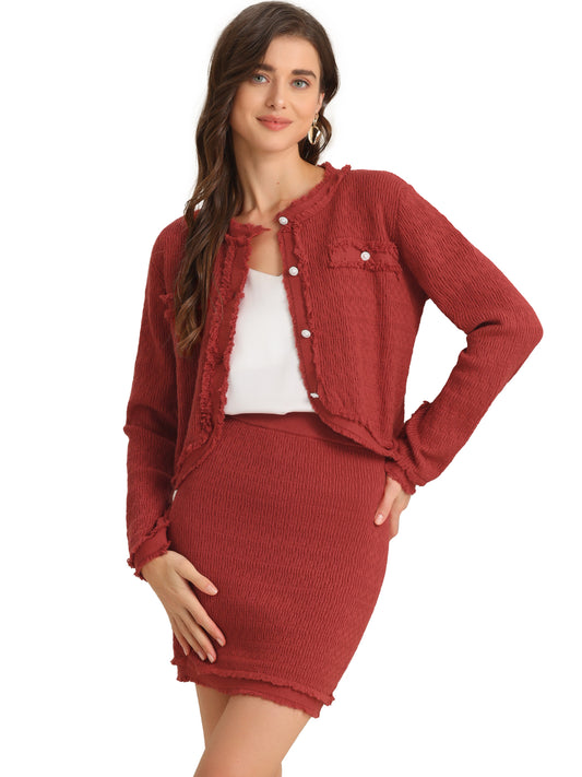 Women's 2 Piece Sweater Set Business Casual Knitted Long Sleeve Short Jacket Skirt