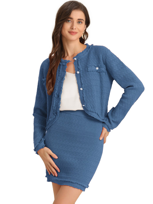 Women's 2 Piece Sweater Set Business Casual Knitted Long Sleeve Short Jacket Skirt