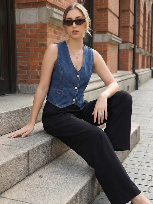 Women's V Neck Button Down Sleeveless Waistcoat Denim Vest