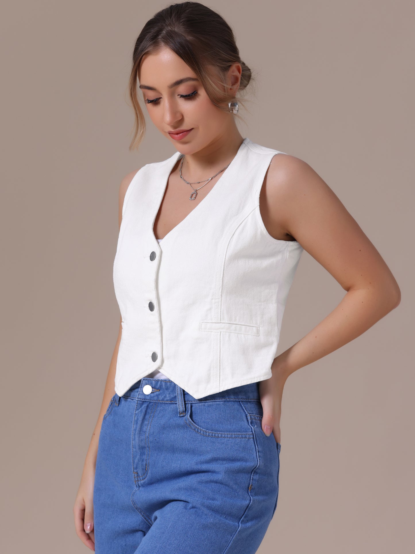 Women's V Neck Button Down Sleeveless Waistcoat Denim Vest