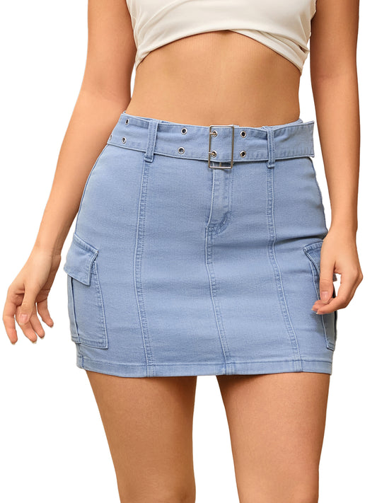 Women's Summer Denim High Waisted Stretchy Bodycon Mini Cargo Jean Skirt