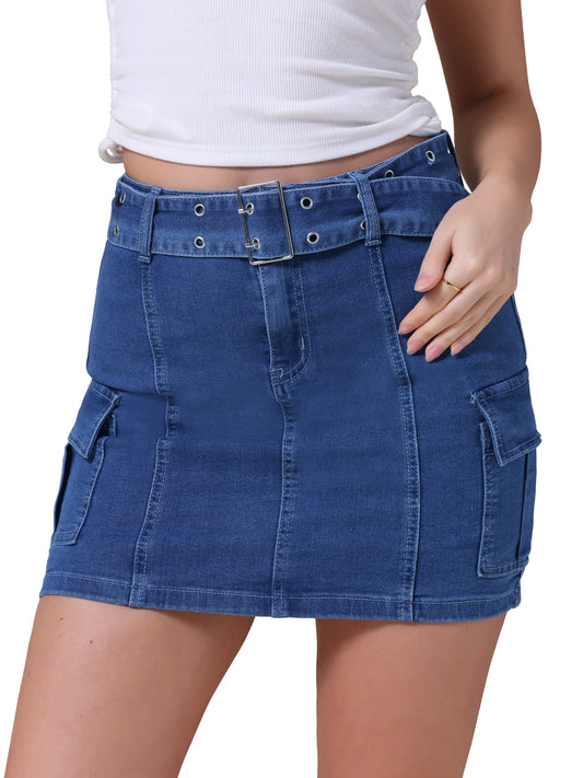 Women's Summer Denim High Waisted Stretchy Bodycon Mini Cargo Jean Skirt
