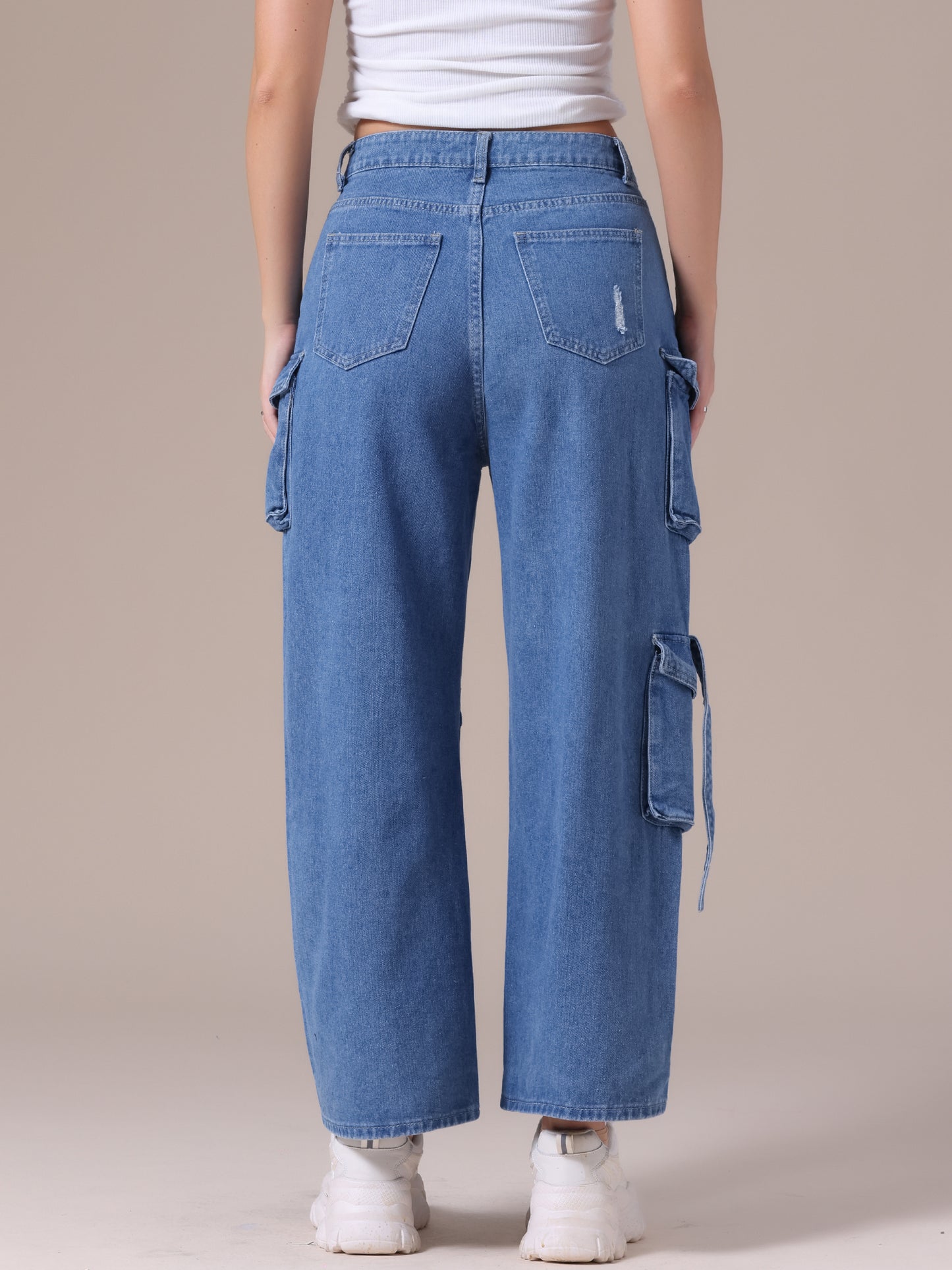 Women's Cargo Jeans Straight Wide Leg High Waist 8 Pockets Casual Baggy Denim Pants