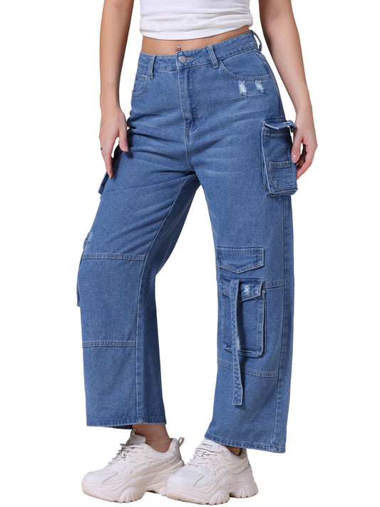 Women's Cargo Jeans Straight Wide Leg High Waist 8 Pockets Casual Baggy Denim Pants