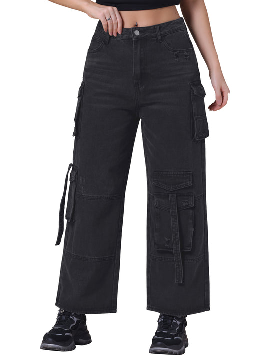 Pantalones vaqueros cargo para mujer, rectos, anchos, de cintura alta, con 8 bolsillos, informales, holgados