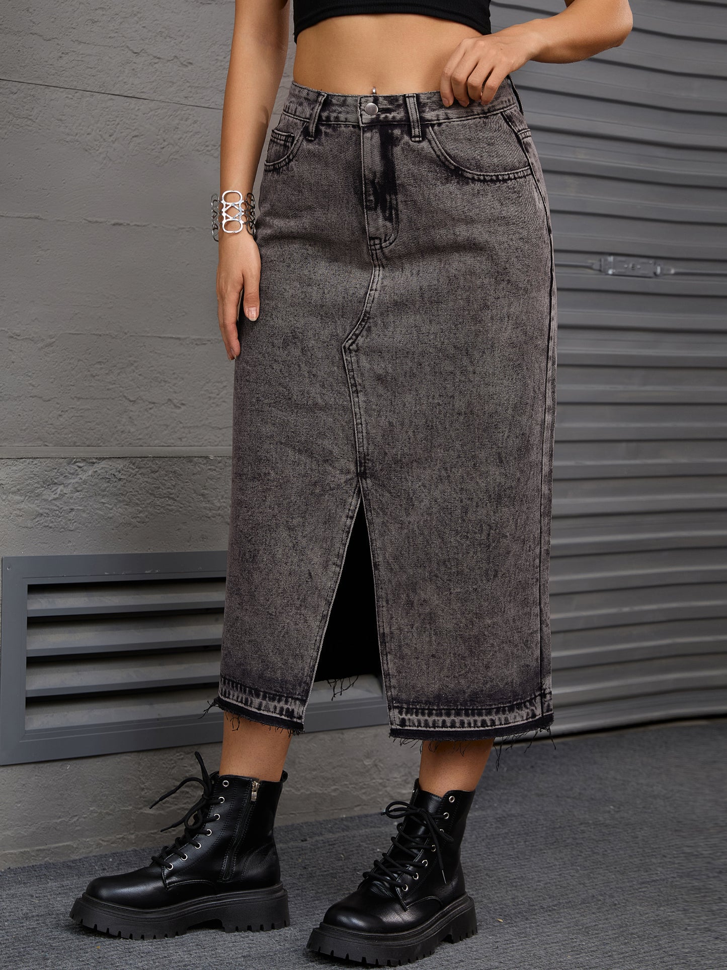 Women's Denim High Waist Front Slit Raw Trim Hem Pencil Midi Skirt with Pockets