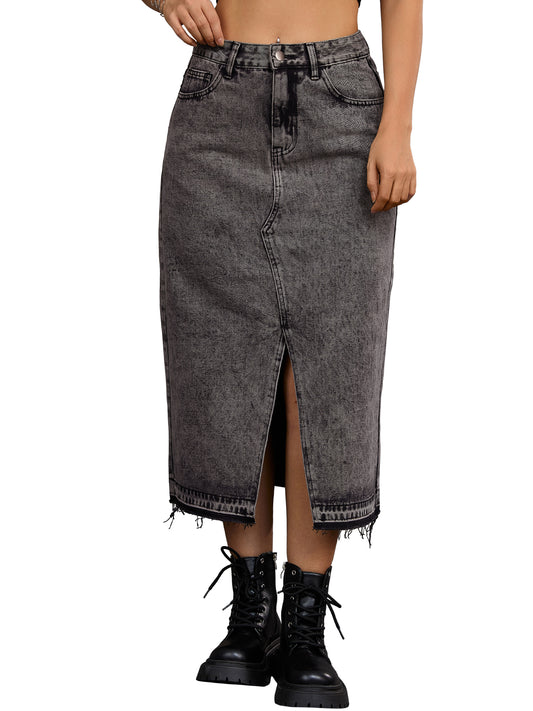 Women's Denim High Waist Front Slit Raw Trim Hem Pencil Midi Skirt with Pockets