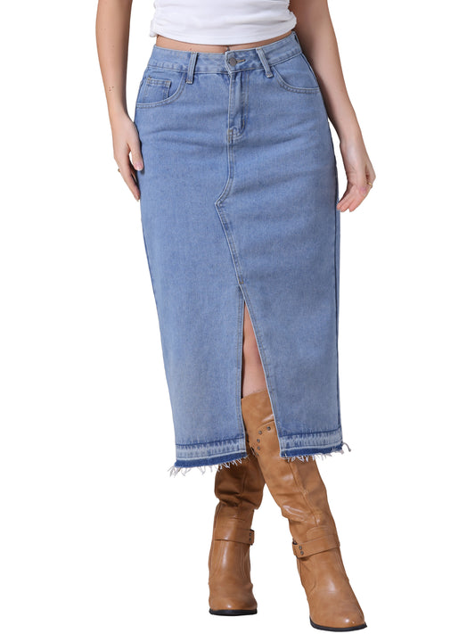 Women's Denim High Waist Front Slit Raw Trim Hem Pencil Midi Skirt with Pockets