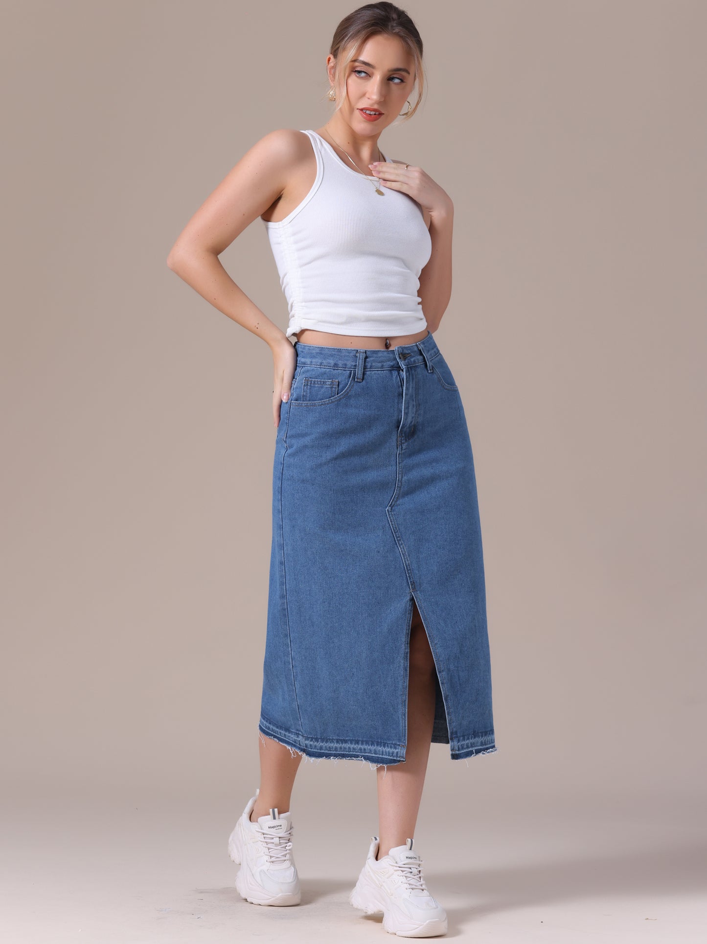 Women's Denim High Waist Front Slit Raw Trim Hem Pencil Midi Skirt with Pockets