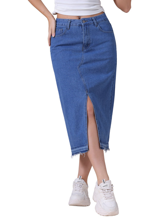 Women's Denim High Waist Front Slit Raw Trim Hem Pencil Midi Skirt with Pockets
