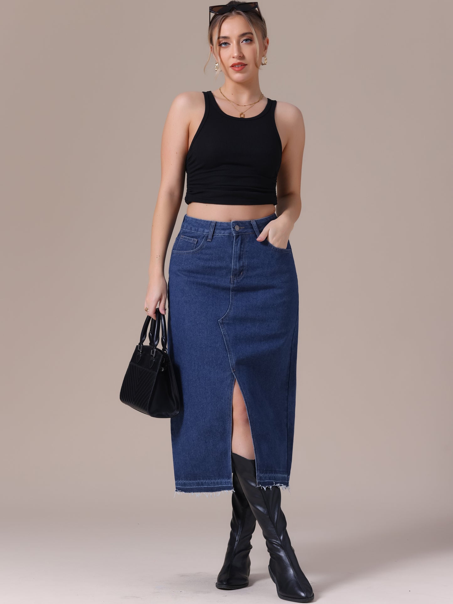 Women's Denim High Waist Front Slit Raw Trim Hem Pencil Midi Skirt with Pockets