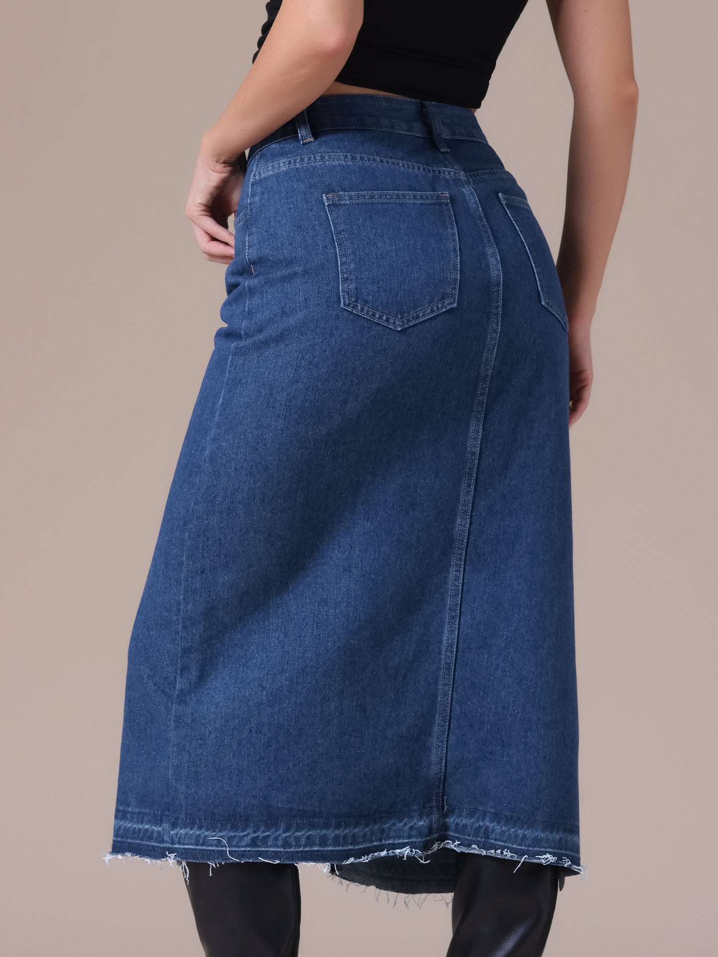 Women's Denim High Waist Front Slit Raw Trim Hem Pencil Midi Skirt with Pockets