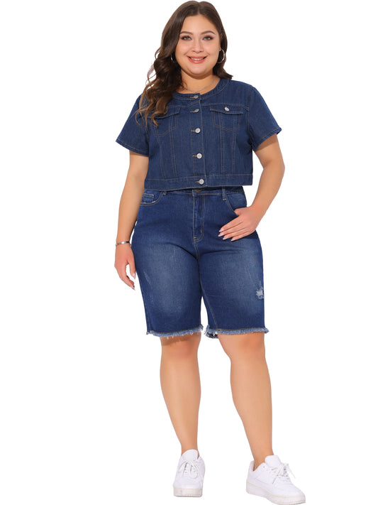 Chaleco vaquero de talla grande para mujer, chaqueta vaquera corta con cuello redondo y botones, de manga corta