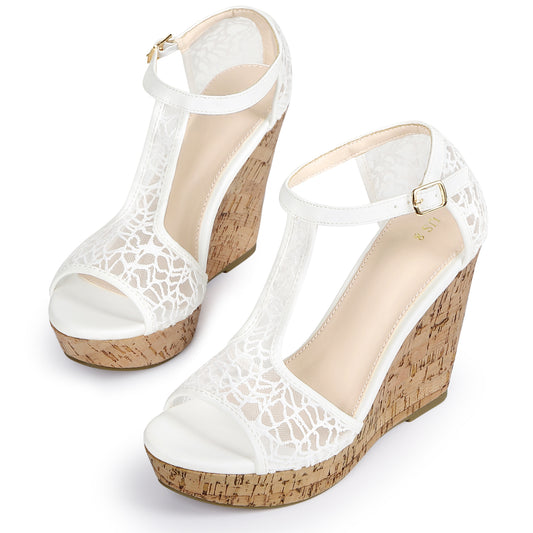 Women Lace Platform Wedges Open Toe T-Strap Wedge Heels Sandals