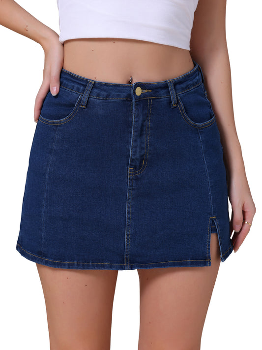 Women's Jean Skorts High Waisted A-Line Stretchy Side Slit Mini Denim Skirt with Shorts