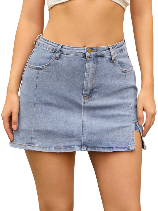 Women's Jean Skorts High Waisted A-Line Stretchy Side Slit Mini Denim Skirt with Shorts