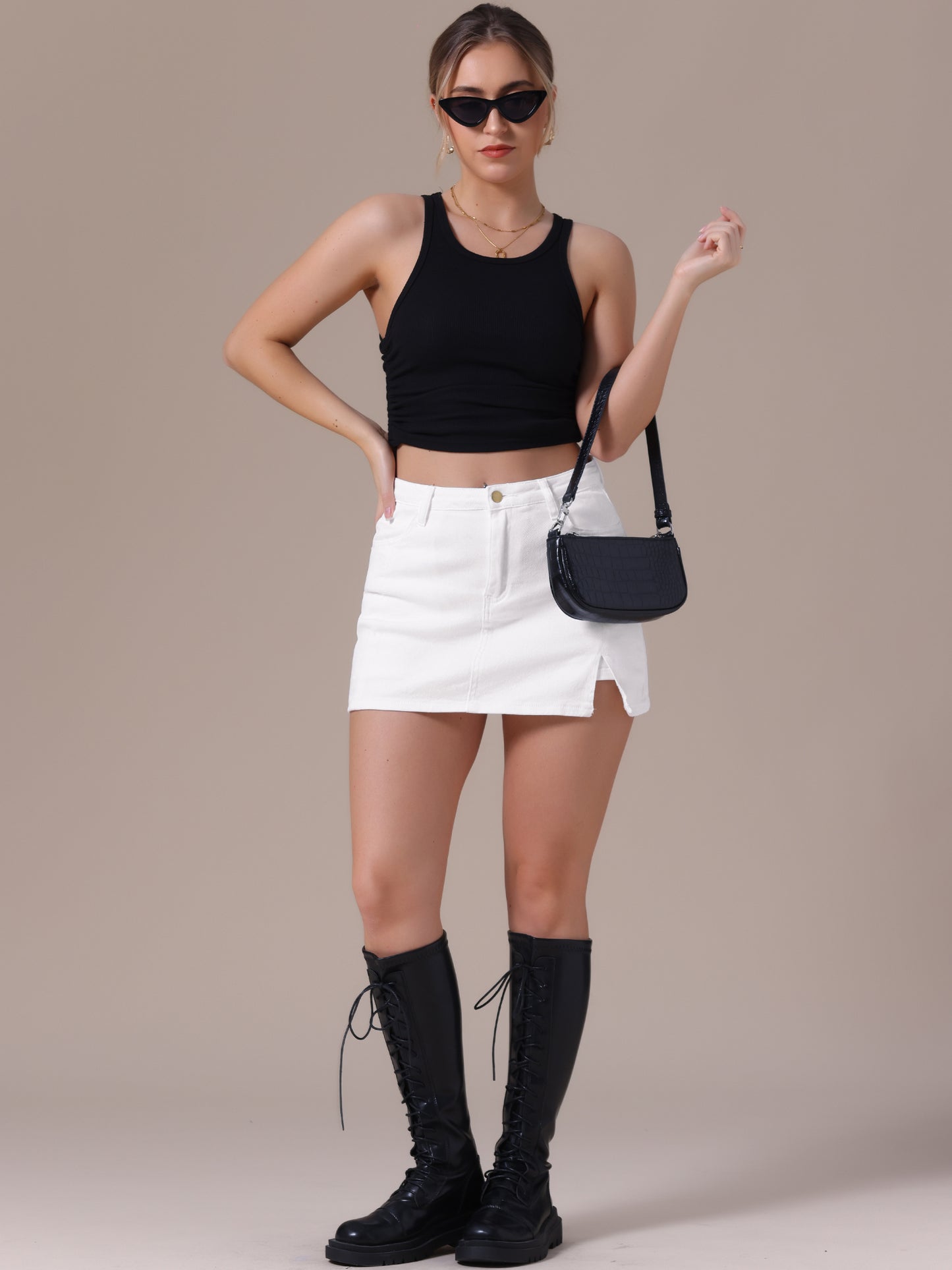 Women's Jean Skorts High Waisted A-Line Stretchy Side Slit Mini Denim Skirt with Shorts