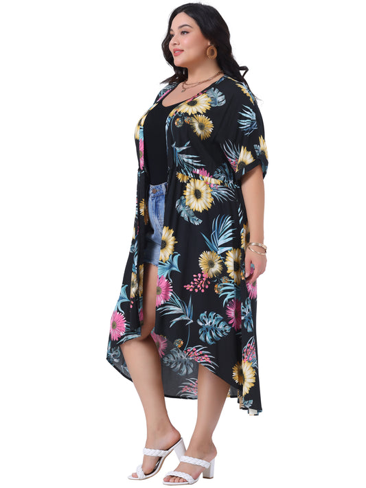 Women Plus Size Cover Up Floral Print Short Sleeve Kimono Tie Front Beach Wear Cardigan