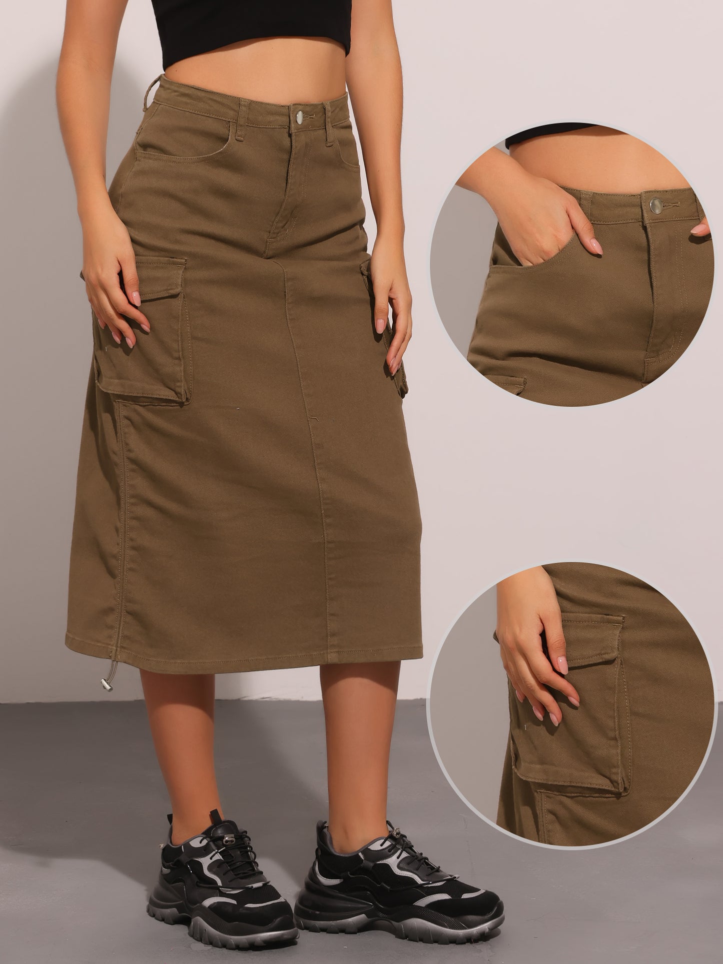 Women's Adjustable A-Line Midi Long Cargo Denim Skirt