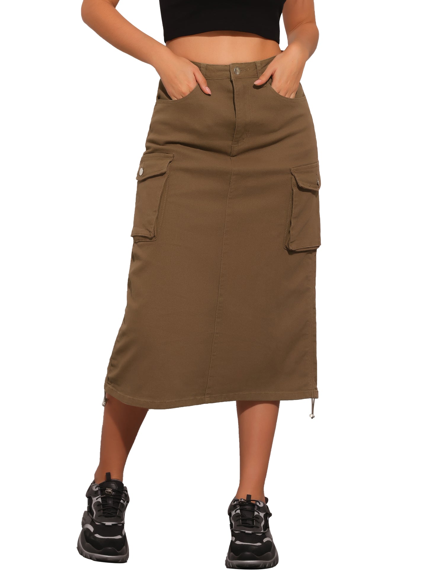 Women's Adjustable A-Line Midi Long Cargo Denim Skirt